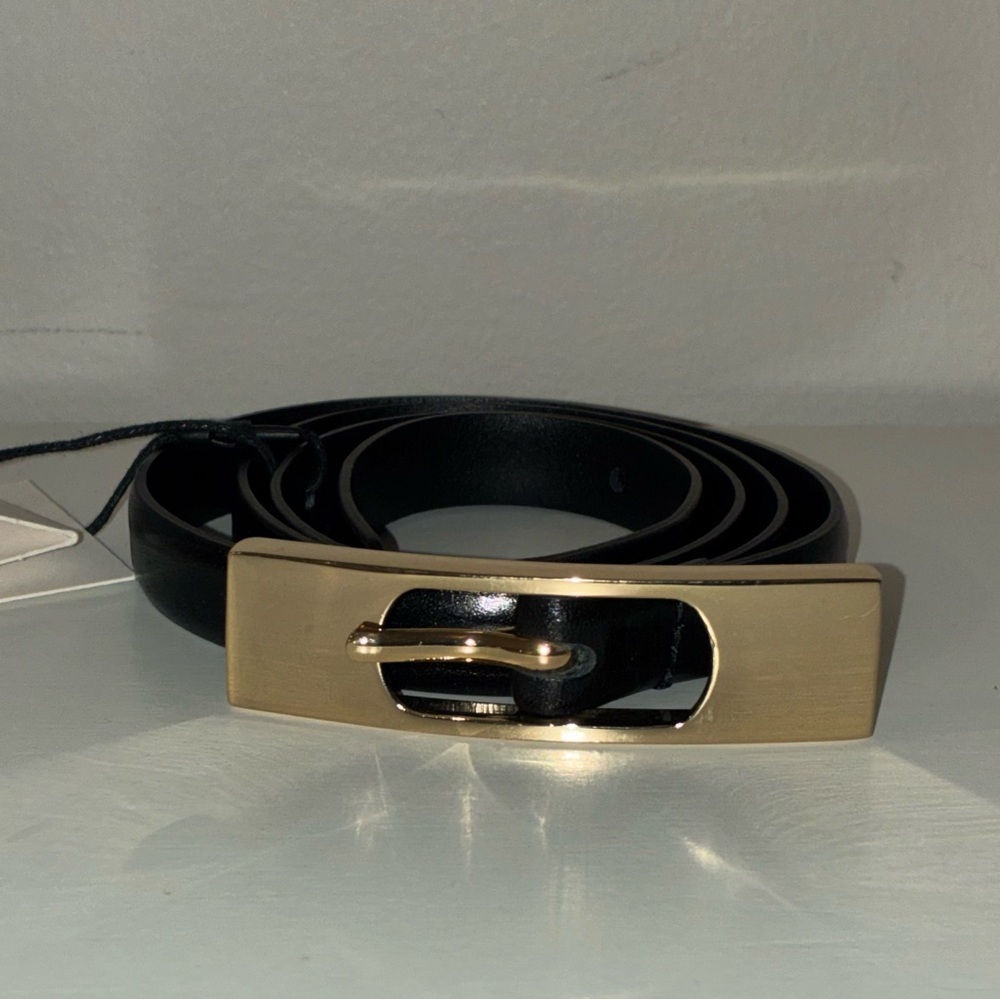 Zara Black Leather Belt with Gold Hardware NWT